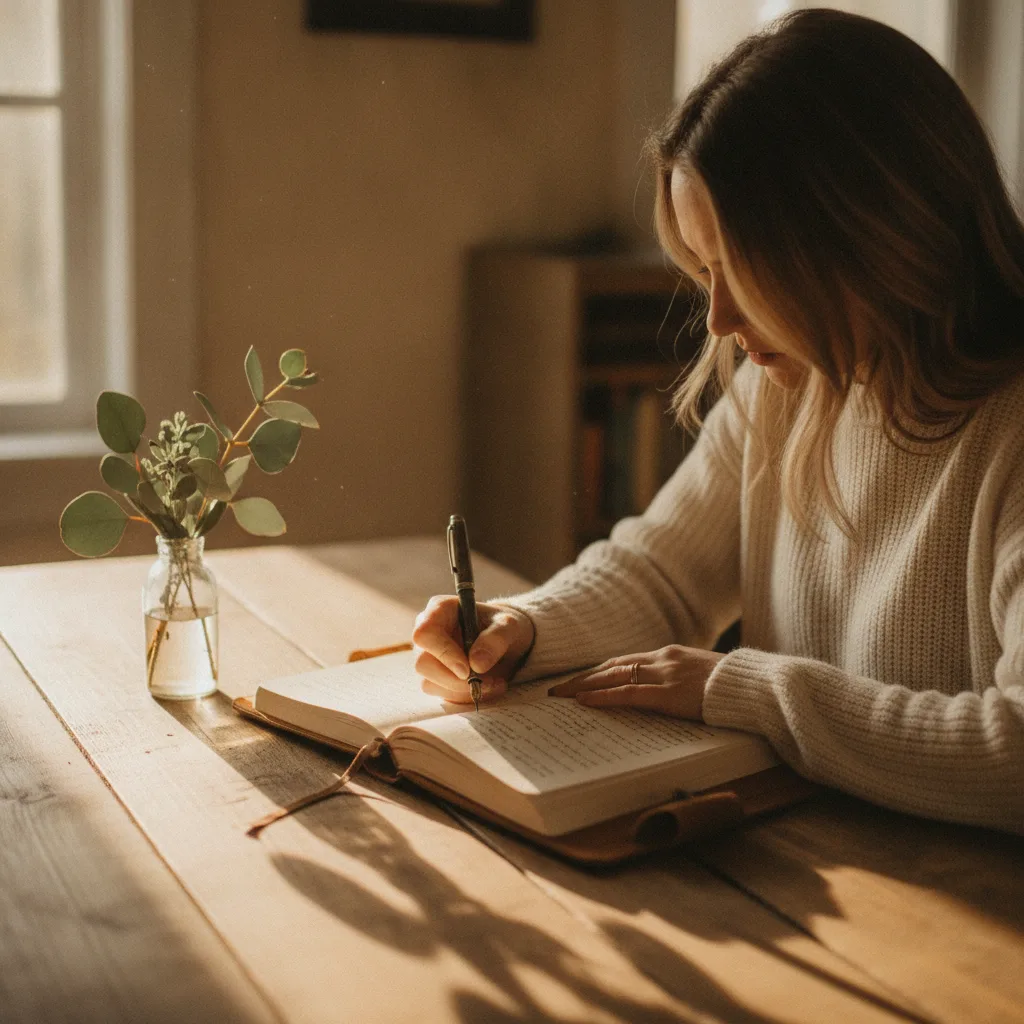 Woman journaling in morning light