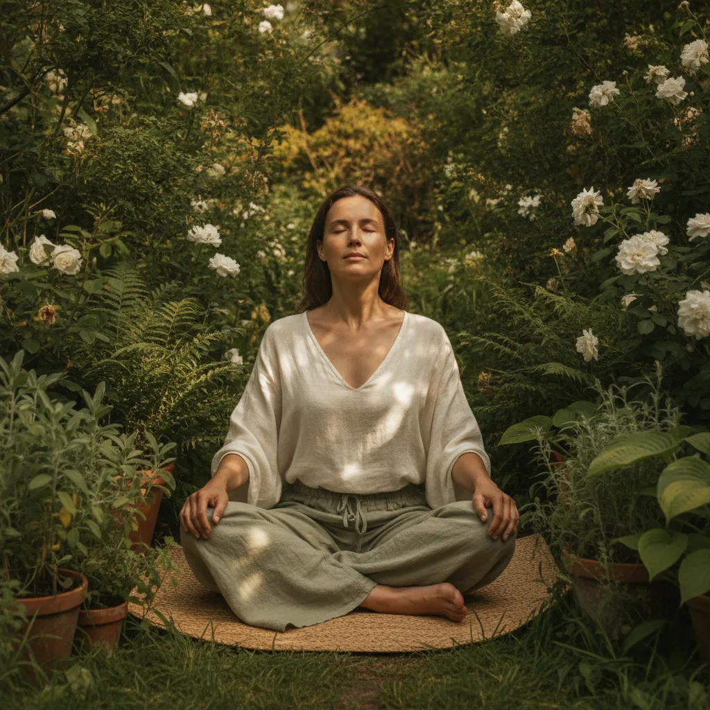 Woman in calm reflective pose outdoors